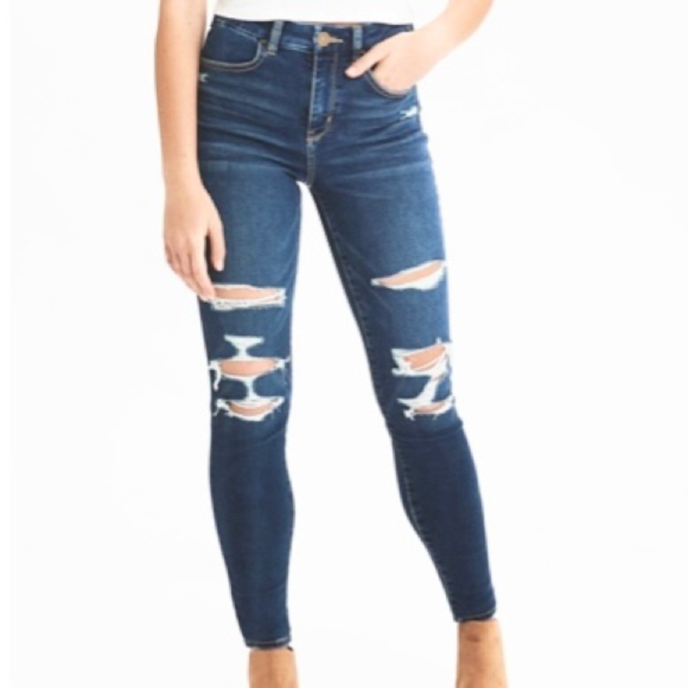 American Eagle 6 Long High Rise Jeggings Stretch, Distressed, Women’s, Ripped